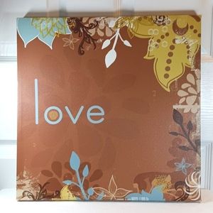 NWT Canvas Art Love Text Wall Decor Floral Square Brown Green Aqua